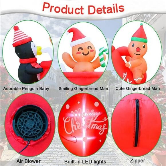 6Ft Inflatable Gingerbread Man in Cocoa Mug with Little Penguin -with LED Lights - Picture 5 of 7